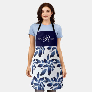 Navy Blue Botanical Foliage Monogrammed Apron