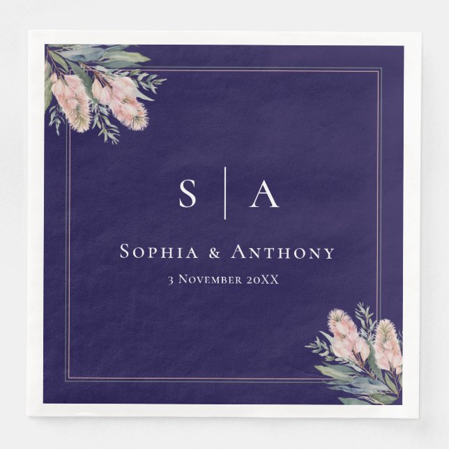 Navy Blue Botanical Greenery Wedding Napkins (Front)