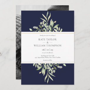 Navy Blue Botanical Greenery Wedding Photo Invitation