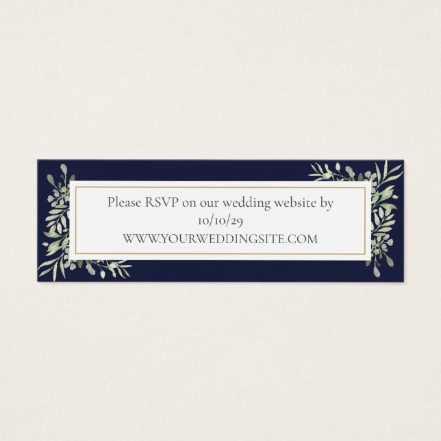 Navy Blue Botanical Greenery Wedding Website RSVP (Front)