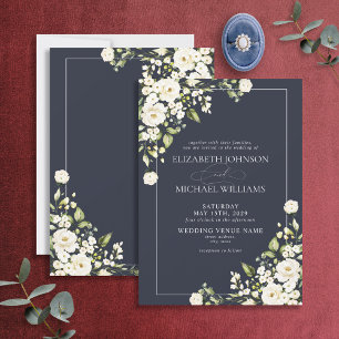 Navy Blue Botanical Greenery White Floral Wedding Invitation