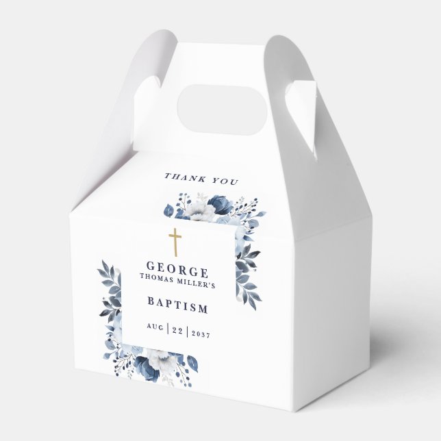 Navy Blue Botanical Modern Baptism Favor Box (Front Side)