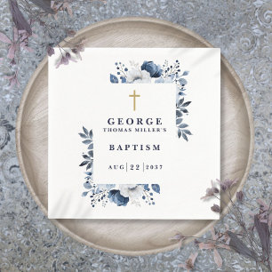 Navy Blue Botanical Modern Baptism Napkin