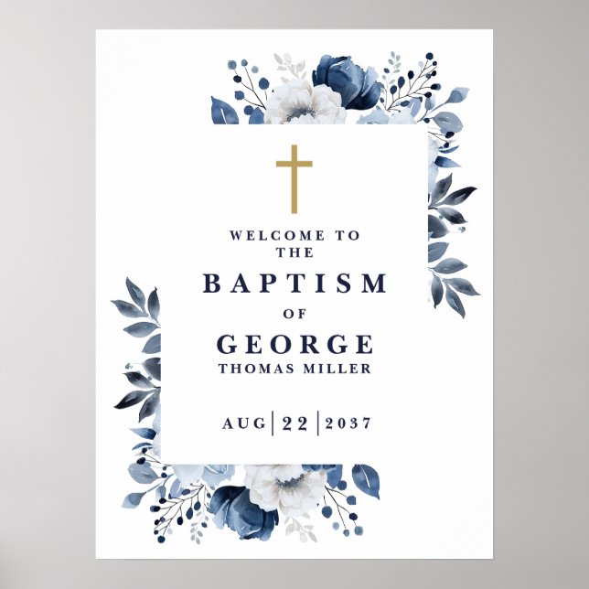 Navy Blue Botanical Modern Baptism Welcome Sign (Front)