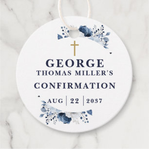 Navy Blue Botanical Modern Confirmation Favour Tags