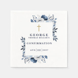 Navy Blue Botanical Modern Confirmation Napkin
