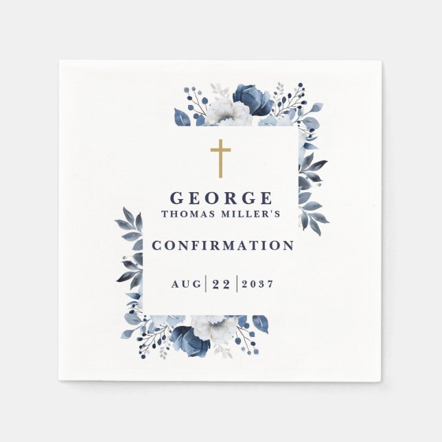 Navy Blue Botanical Modern Confirmation Napkin (Front)