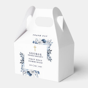 Navy Blue Botanical Modern Holy Communion Favor Box