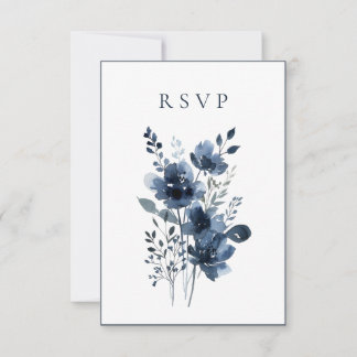 Navy Blue Botanical Wedding RSVP Card