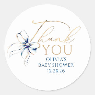 Navy Blue Bow Elegant Script Thank You Classic Round Sticker
