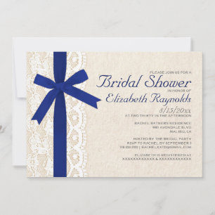 Navy Blue Bow & Lace Bridal Shower Invitations