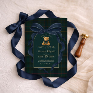 Navy Blue Bow Plaid Teddy Bear Boy Baby Shower Invitation