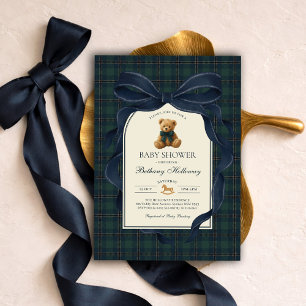Navy Blue Bow Polo Teddy Bear Boy Baby Shower Invitation