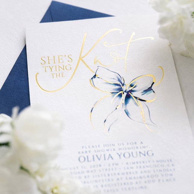 Navy Blue Bow She's Tying The Knot Bridal Shower (Navy Blue Bow Bridal Shower Gold Foil Invitation She's Tying The Knot)