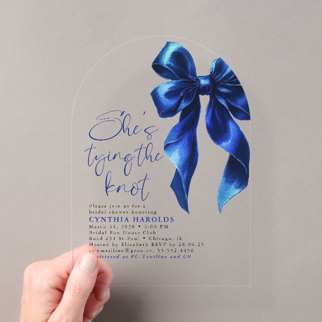 Navy Blue Bow She's Tying the Knot Bridal Shower Acrylic Invitations (Insitu (Handheld))