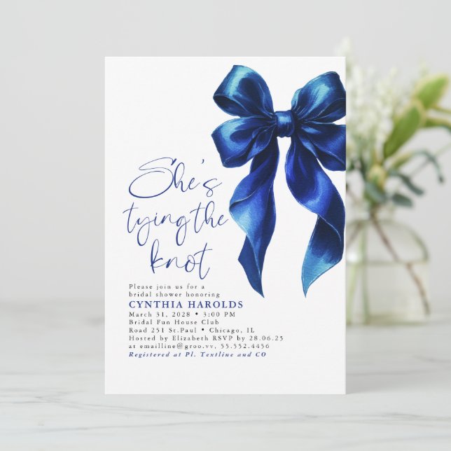 Navy Blue Bow She's Tying the Knot Bridal Shower Invitation (Standing Front)