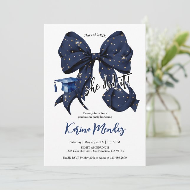 Navy Blue Bow with Gold Glitter Grad Invitation (Standing Front)