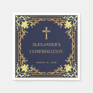 Navy Blue Boy Confirmation Faux Gold Cross Elegant Napkin