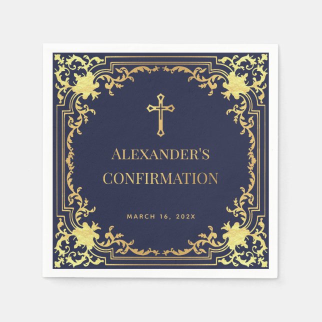 Navy Blue Boy Confirmation Faux Gold Cross Elegant Napkin (Front)