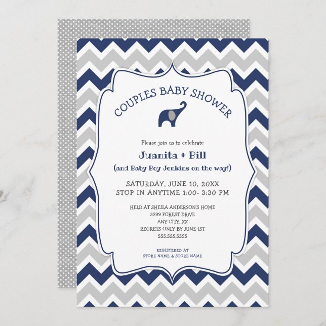 Navy blue boy elephant couples baby shower invitation (Front/Back)