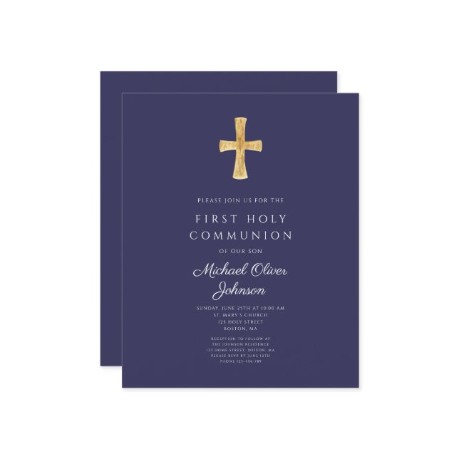 Navy Blue Boy First Communion Invitation Sheet (Front/Back In Situ)