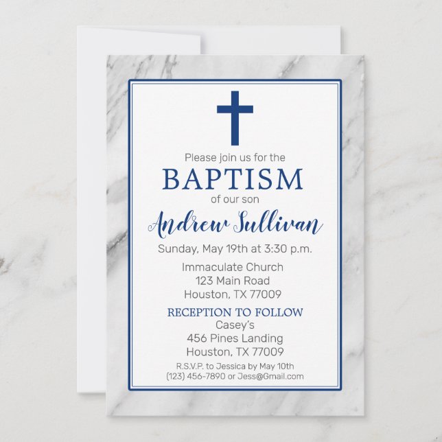 Navy Blue Boy Marble Baptism Invitation (Front)