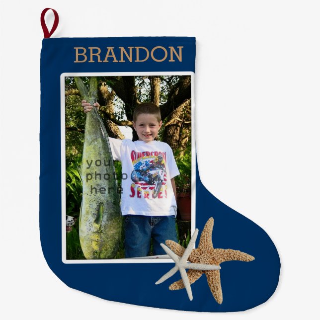 Navy Blue Boys Photo Christmas Stocking (Front)
