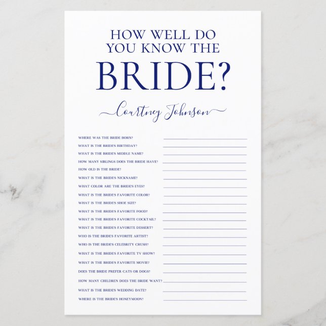 Navy Blue Bridal Shower Game (Front)