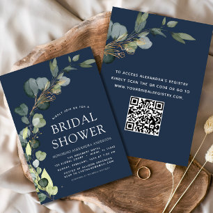 Navy Blue Bridal Shower QR Code Eucalyptus Invitation