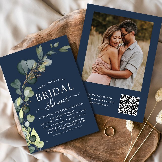 Navy Blue Bridal Shower QR Code Photo Eucalyptus Invitation (Creator Uploaded)