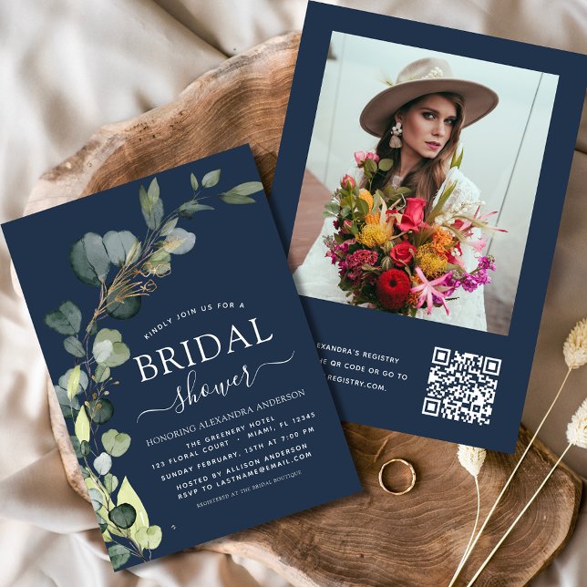 Navy Blue Bridal Shower QR Code Photo Eucalyptus Invitation (Creator Uploaded)