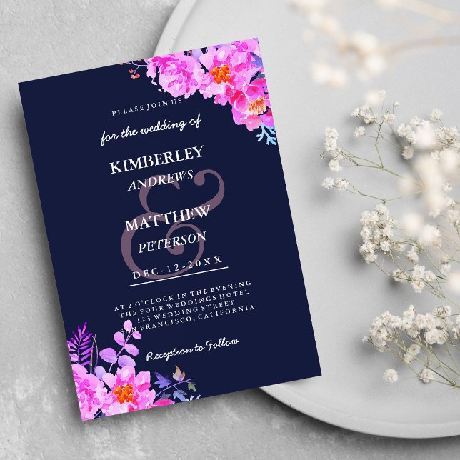 Navy blue bright pink watercolor floral Wedding Invitation (Navy blue bright pink watercolor floral Wedding Invitation )