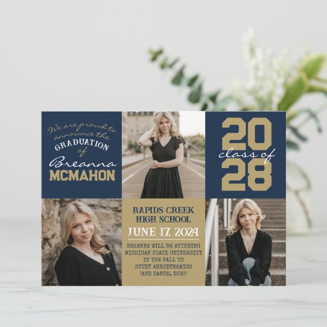 Navy Blue & Bronze 4 Photo Graduation Announcement (Standing Front)