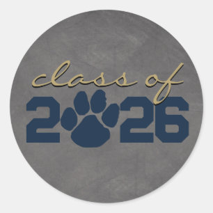 Navy Blue & Bronze Pawprint Chalkboard Graduation Classic Round Sticker