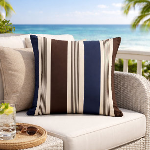 Navy Blue Brown Cabana Stripe Coastal  Throw Pillow