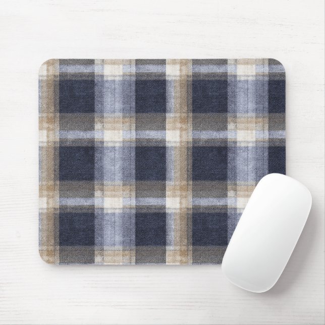 Navy Blue Brown Cream Plaid Stripes Mouse Pad (With Mouse)