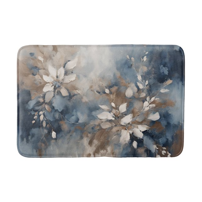 Navy Blue Brown Light Blue Modern Floral Bath Mat (Front)