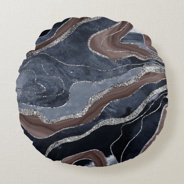 Navy Blue Brown Marble Agate Silver Glitter Glam 1 Round Pillow (Front)