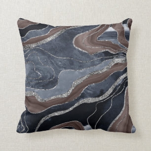 Navy Blue Brown Marble Agate Silver Glitter Glam 1 Throw Pillow