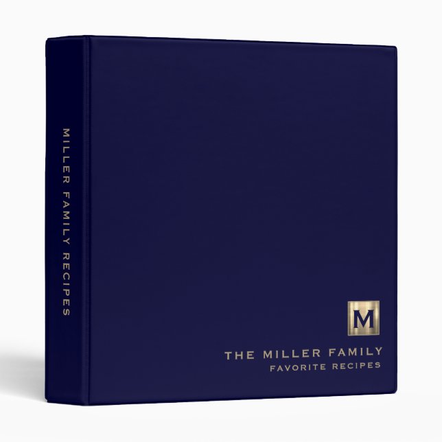 Navy Blue Brushed Gold Monogram Family Recipes Binder (Front/Spine)