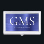 Navy Blue Brushed Metal 3 Monogram Script Business Card Holder<br><div class="desc">Modern Elegant Navy Blue Brushed Metal Monogram Script Business Card Case</div>