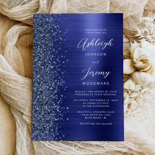 Navy Blue Brushed Metal Glitter Script Wedding Invitation