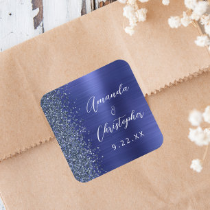 Navy Blue Brushed Metal Glitter Script Wedding Square Sticker