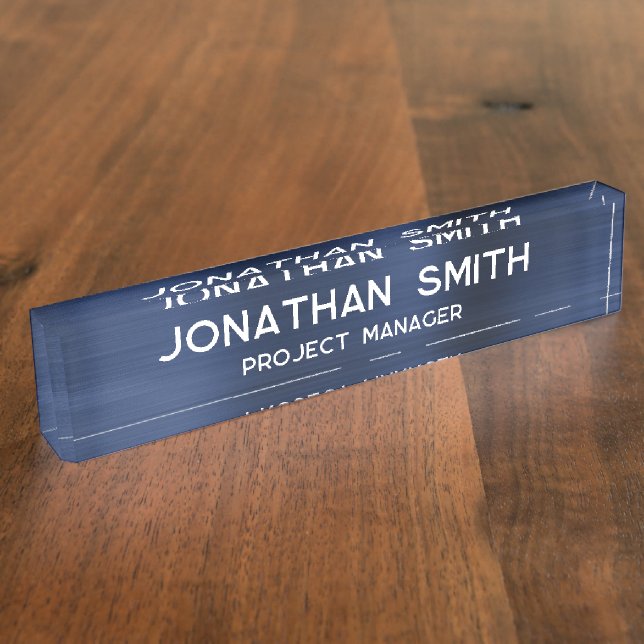 Navy Blue Brushed Metal Minimalist Name Nameplate (Side)