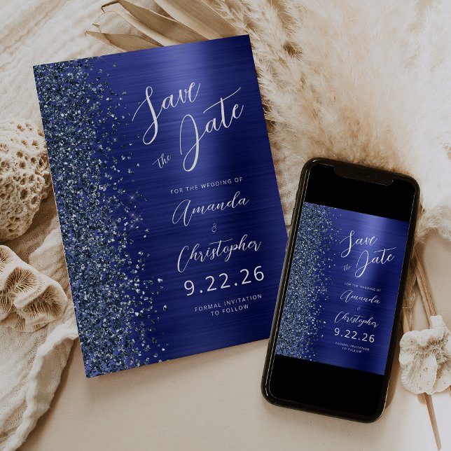 Navy Blue Brushed Metal Script Save the Date Announcement (Creator Uploaded)