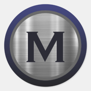 Navy Blue Brushed Silver Monogram Classic Round Sticker