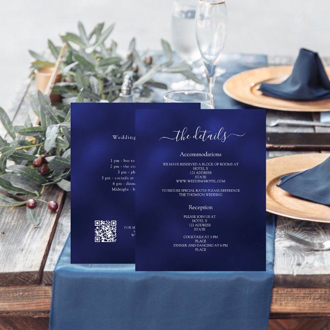 Navy blue budget wedding program details QR (Creator Uploaded)