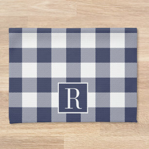 Navy Blue Buffalo Check Monogram Kitchen Towel