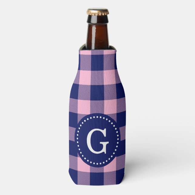 navy Blue Buffalo Plaid Bottle Cooler (Bottle Front)