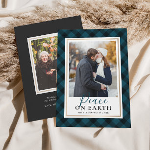 Navy Blue Buffalo Plaid Peace On Earth Photo Holiday Card